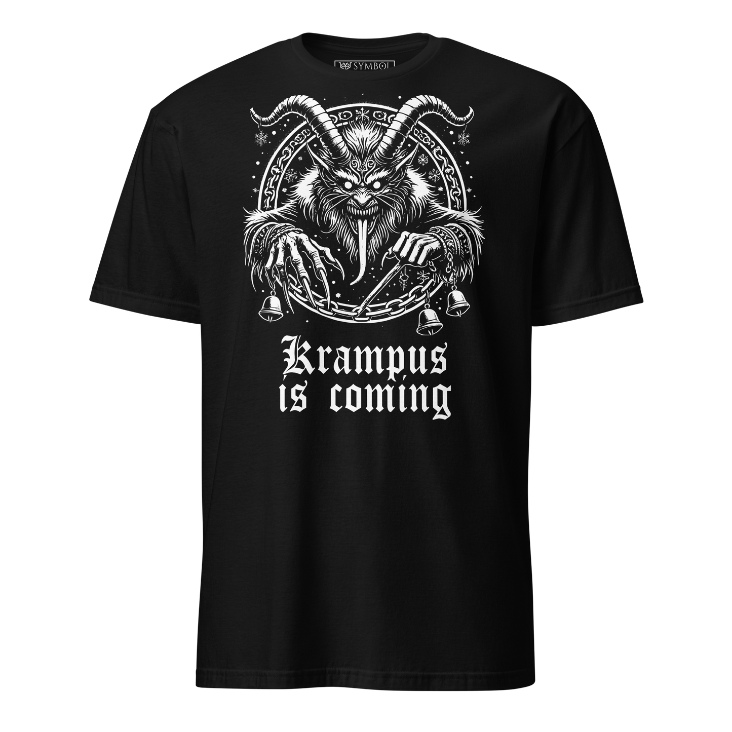 Krampus demon folklore illustration on black gothic holiday t-shirt