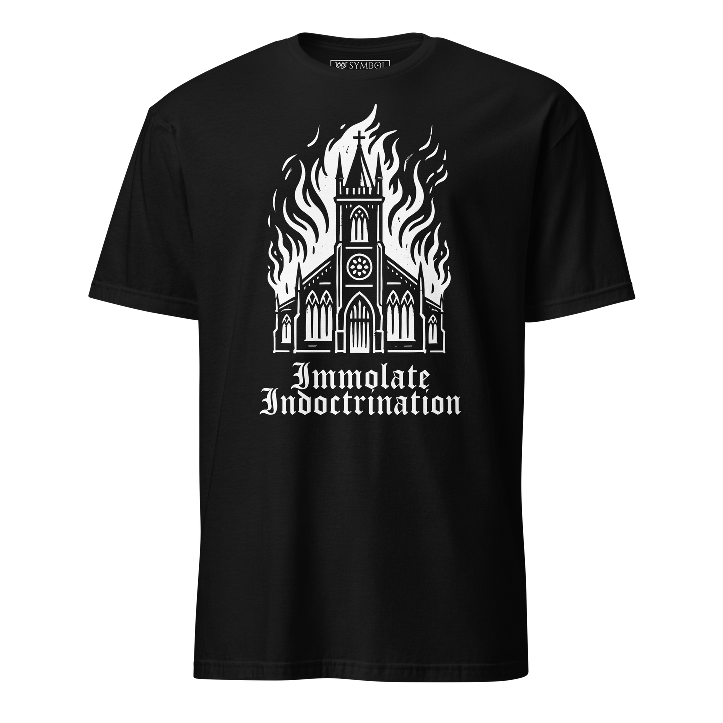 white design on black t-shirt
an illustrated burning church with the words immolate indoctrination in older goth font below