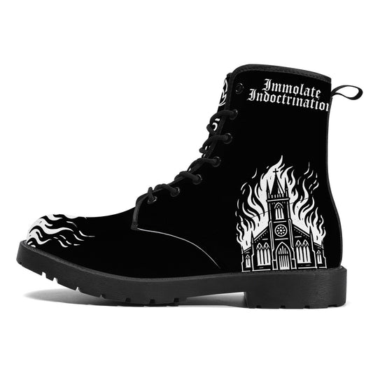 black synthetic leather boots with white design on black
an illustrated burning church withthe words immolate indoctrination in older goth font above near the top edge of the outside, theres also the flames from the burning church on the toecap.