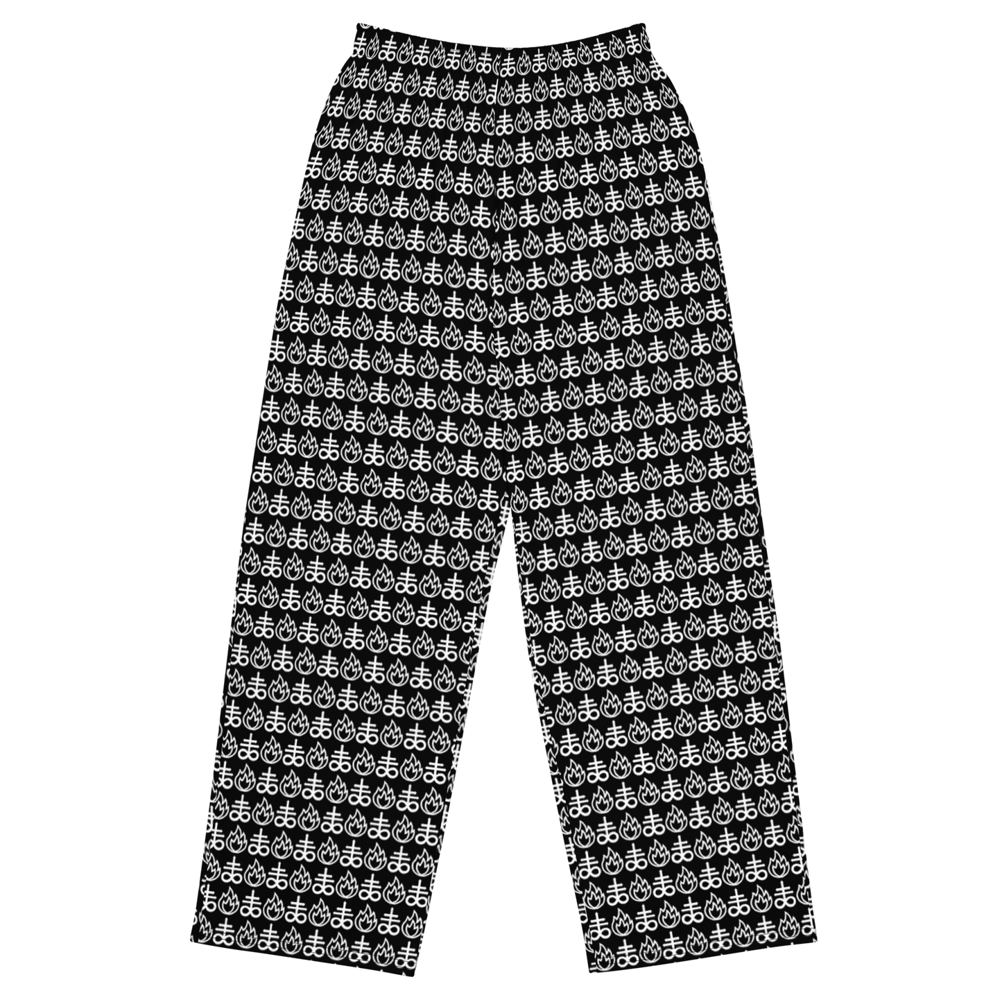 White on black panmts design. the entire item is emblazoned with a pattern of alternating leviathan cross and fire symbols 