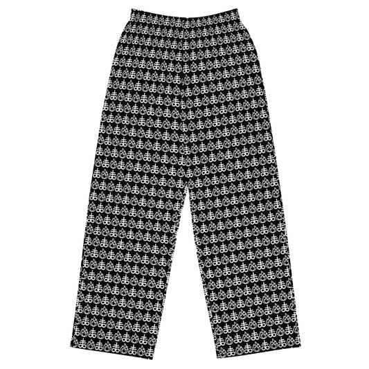 White on black panmts design. the entire item is emblazoned with a pattern of alternating leviathan cross and fire symbols 