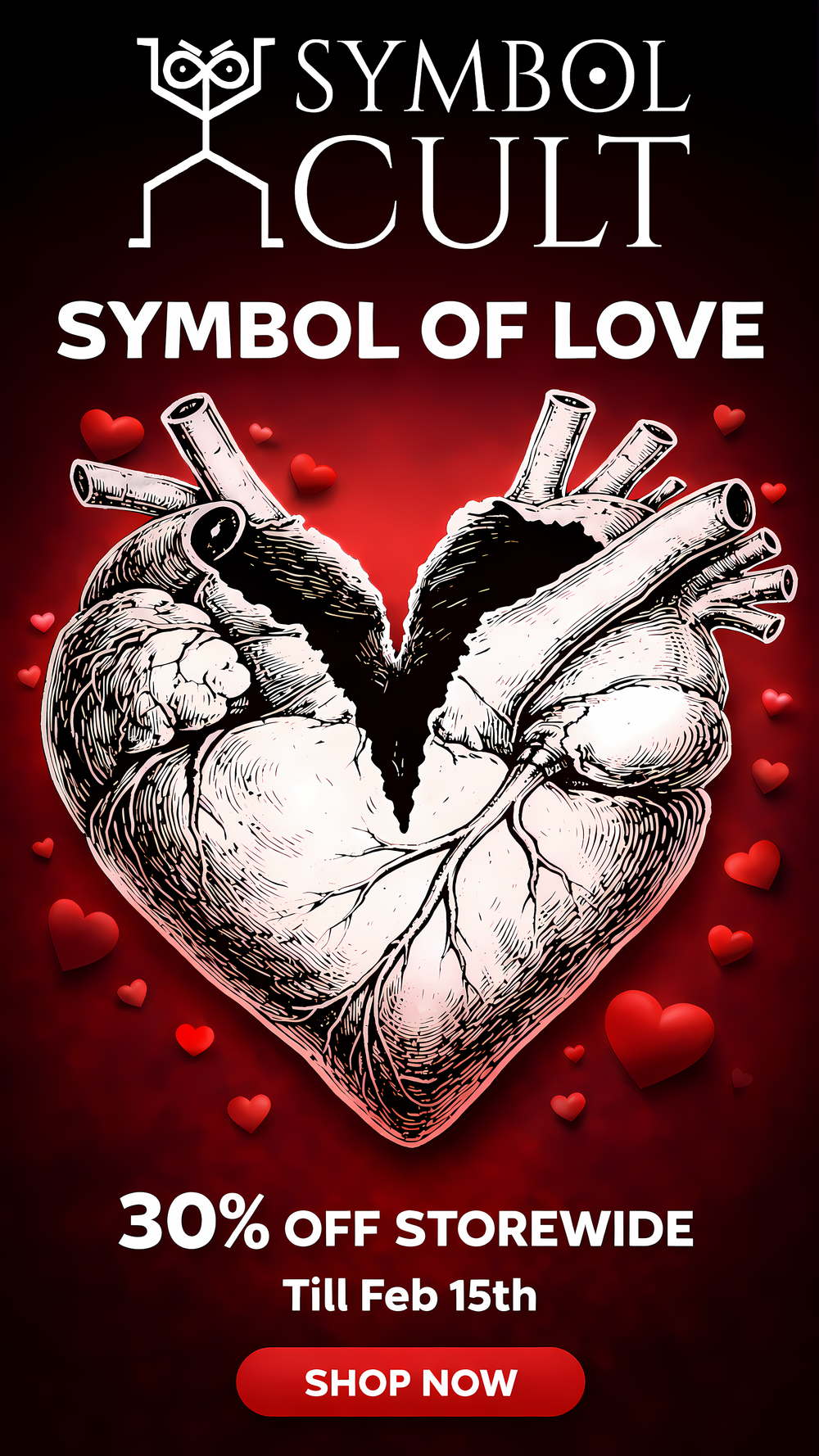 An anatomical heart illustration shaped like a heart with small red hearts floating on a dark red background.