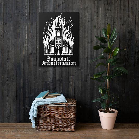 white design on black
an illustrated burning church withthe words immolate indoctrination in older goth font below on a canvas wall art print