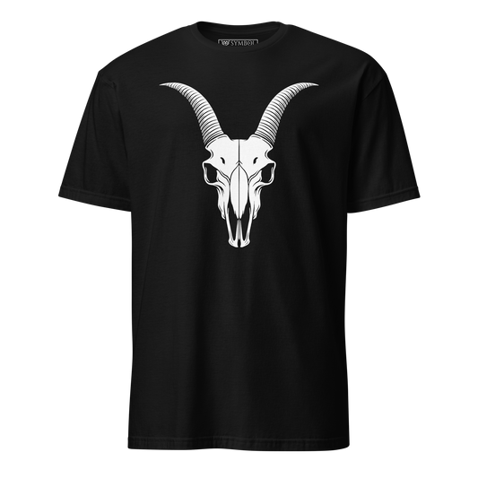Goat skull symbol in bold white on gothic black shirt from The Skull Series by Symbol Cult