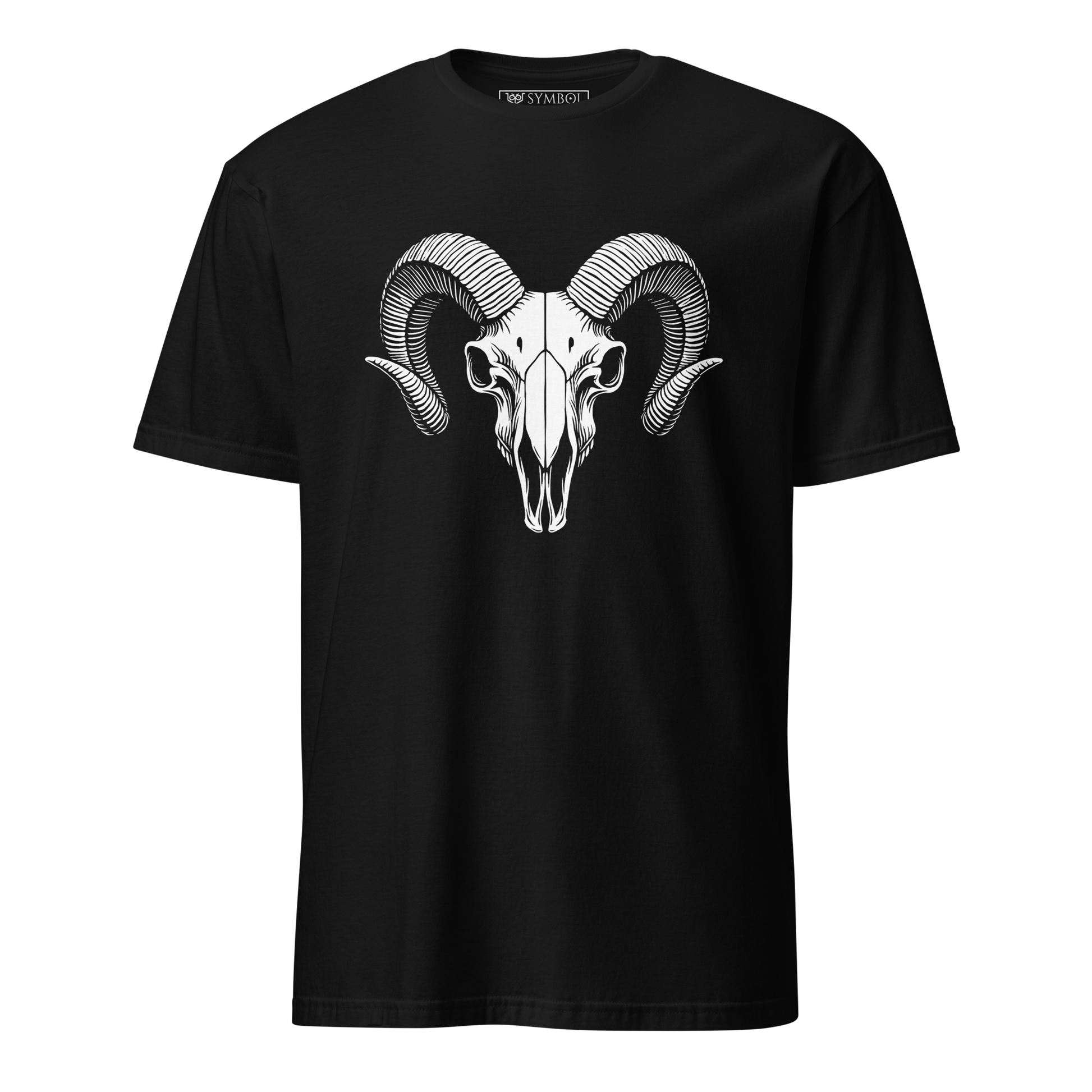 Ram skull symbol in bold white on gothic black shirt from The Skull Series by Symbol Cult