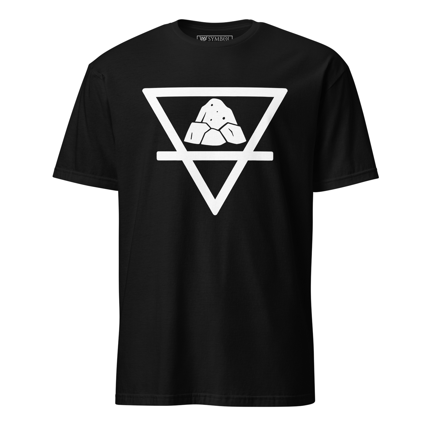 Earth element symbol from The Alchemy Series in white on black occult t-shirt