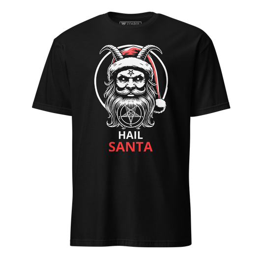 Product mockupHorned Santa parody design from The Satanic Series on black satanic holiday shirt
underneath there are the words "Hail" in white and "Santa" in Red