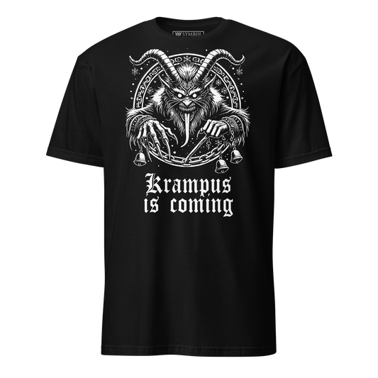 Krampus demon folklore illustration on black gothic holiday t-shirt