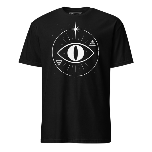 A version of the all seeing eye but that of satans eye in a circle with little stars all around and a brightly shining star at the apex of the circle. to the right and above the eye is the alchemical symbol for fire but with a lightning bolt. the the lower left is the alchemical sym,bol for water with a water droplet in it. the whole design is white on black