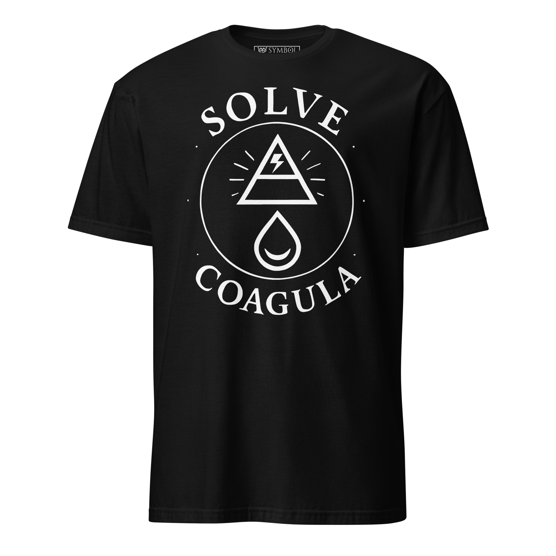 central circle with a triangular pyramid shape pointing upward and a pightning biolt in it denoting solve, a waer droplet below it in the circle denoting coagula. the word solve and below the circle it say coagula. all in a bold white on a black goth shirt