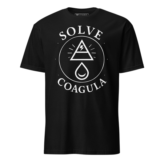 central circle with a triangular pyramid shape pointing upward and a pightning biolt in it denoting solve, a waer droplet below it in the circle denoting coagula. the word solve and below the circle it say coagula. all in a bold white on a black goth shirt