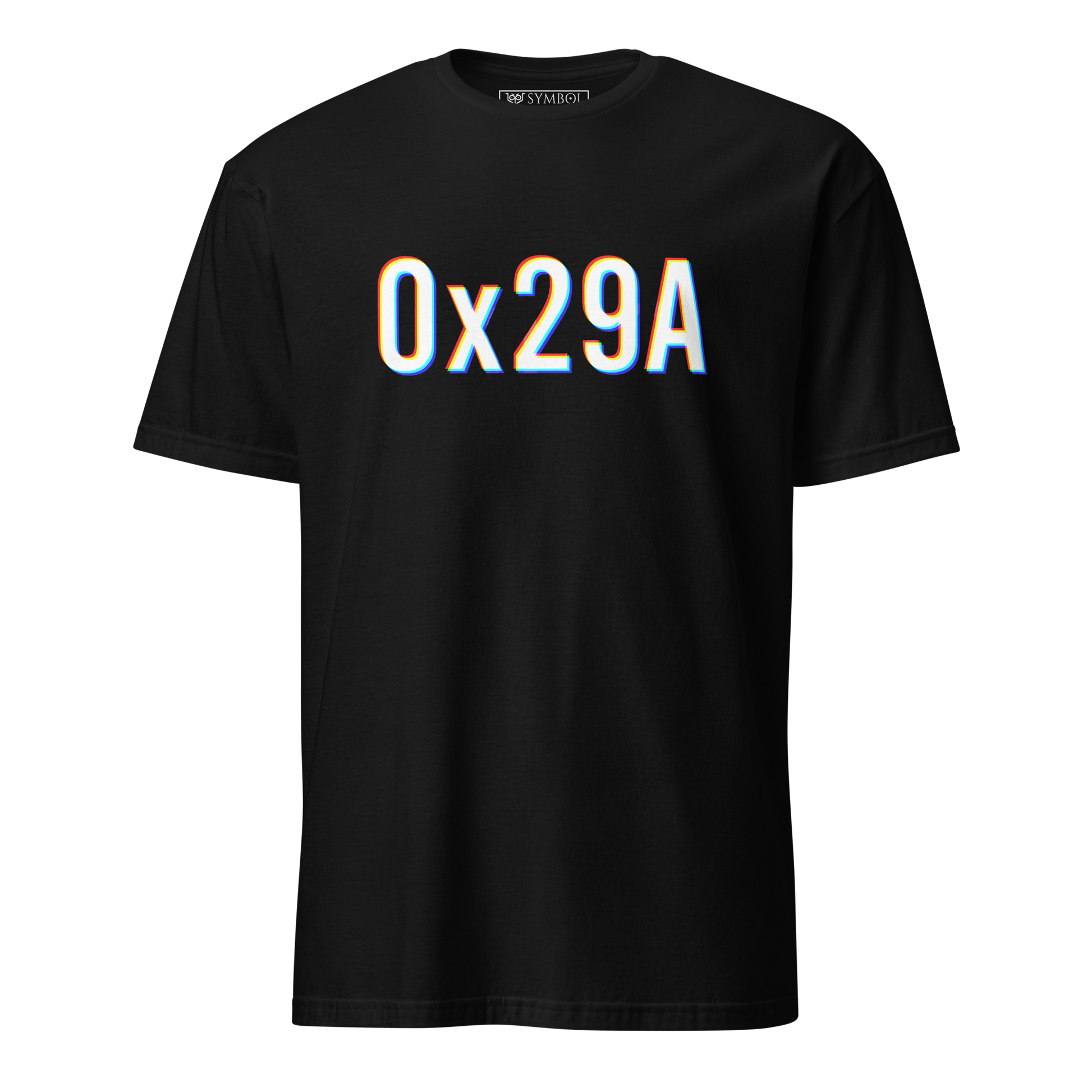 0x29A which is hexadecimal for 666 is white with a glitch effect of red and blue coming off either side on a black shirt