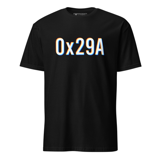 0x29A which is hexadecimal for 666 is white with a glitch effect of red and blue coming off either side on a black shirt