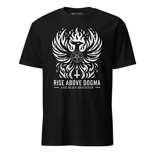 white on black design shirt with a phoenix illustration a satanic pentagramand upside down cross. underneath it says rise above dogma and burn brighter