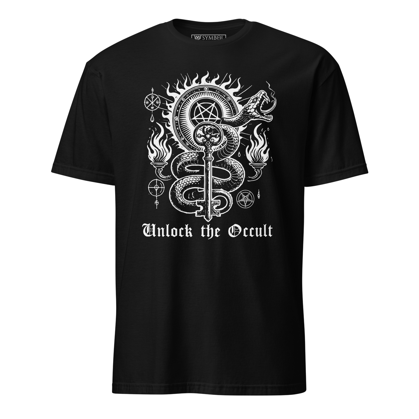 shinig burning pentagram key wrapped by a snake with occult symbols all around. underneath in a goth font it says "unlock'the occult" all in white on black shirt
