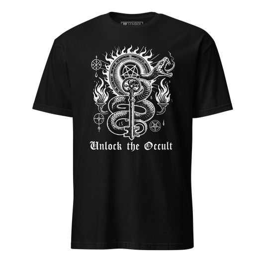 shinig burning pentagram key wrapped by a snake with occult symbols all around. underneath in a goth font it says "unlock'the occult" all in white on black shirt