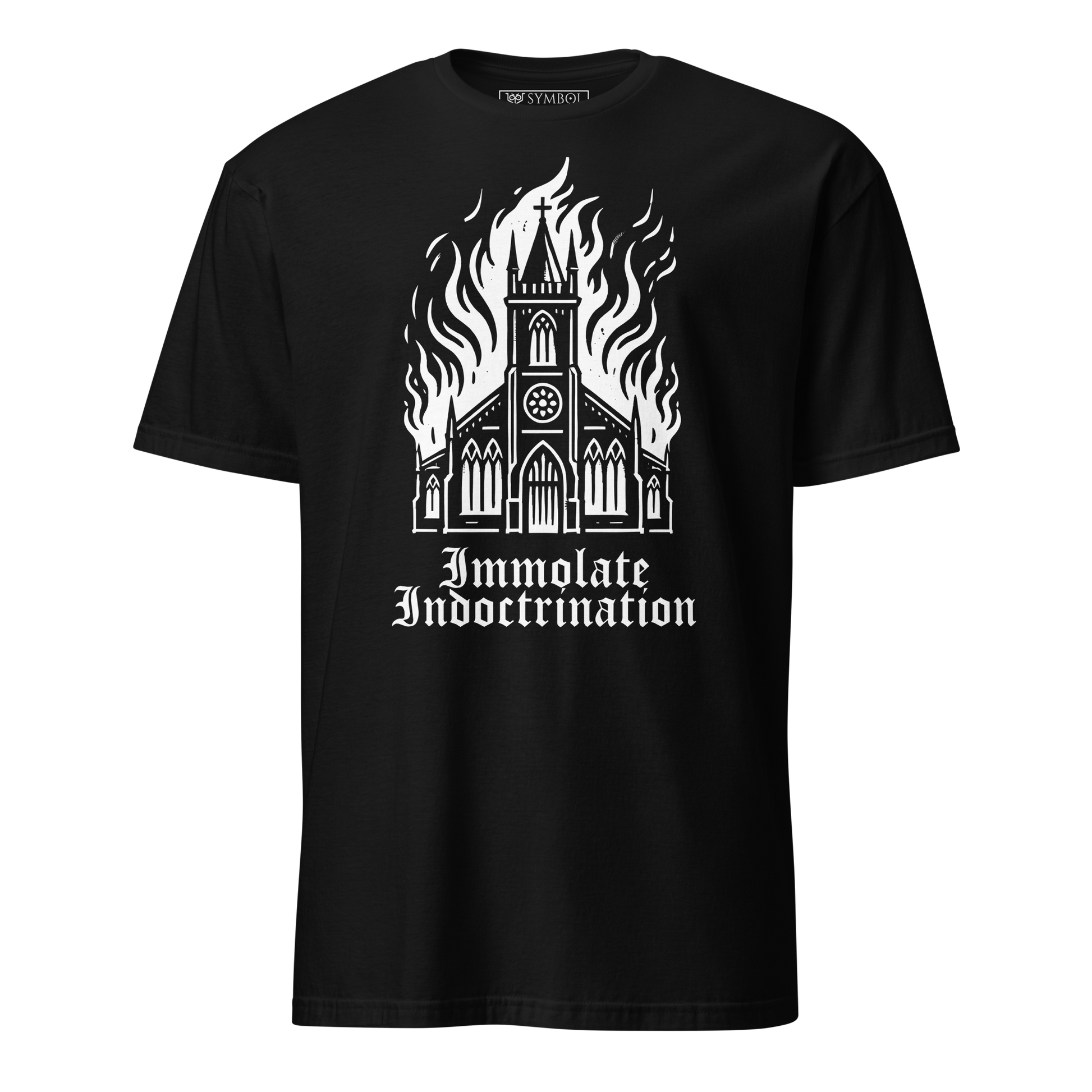 white design on black t-shirt
an illustrated burning church with the words immolate indoctrination in older goth font below
