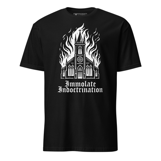 white design on black t-shirt
an illustrated burning church with the words immolate indoctrination in older goth font below