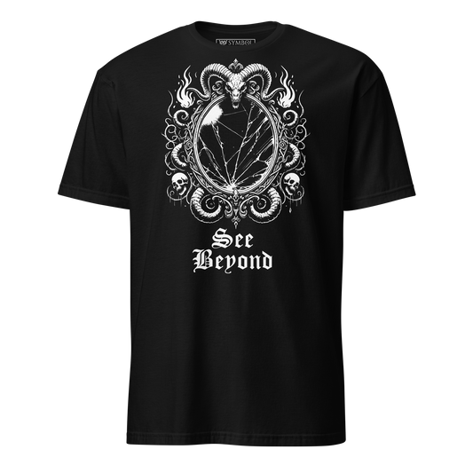Gothic magic mirror with skulls and vines arond it. a demon skull with ram horns adorns the top of the mirror. below are the words see beyond in an old goth font.