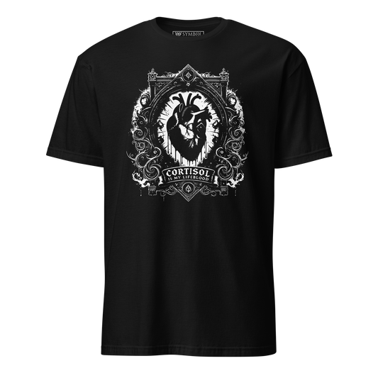 Dark humor cortisol phrase on black shirt with gothic medical aesthetic and anatomical heart in the middle. text underneath says "Cortisol is my life blood"