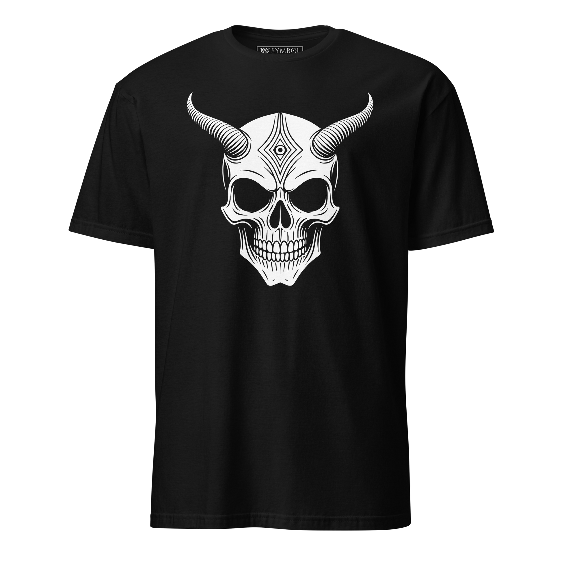 humanoid demon skull with horns and an open vertical third eye in white on black shirt