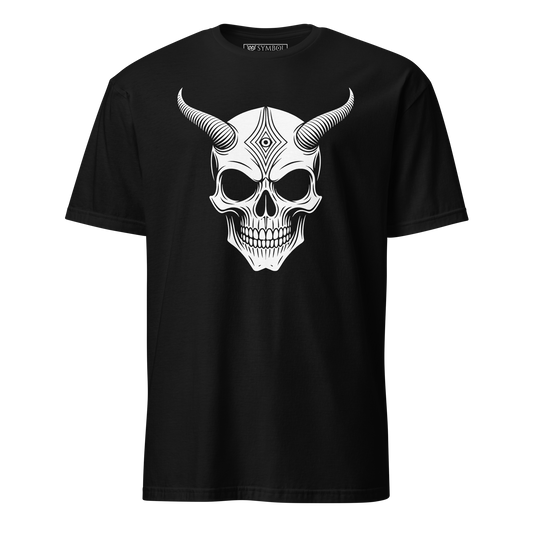 humanoid demon skull with horns and an open vertical third eye in white on black shirt