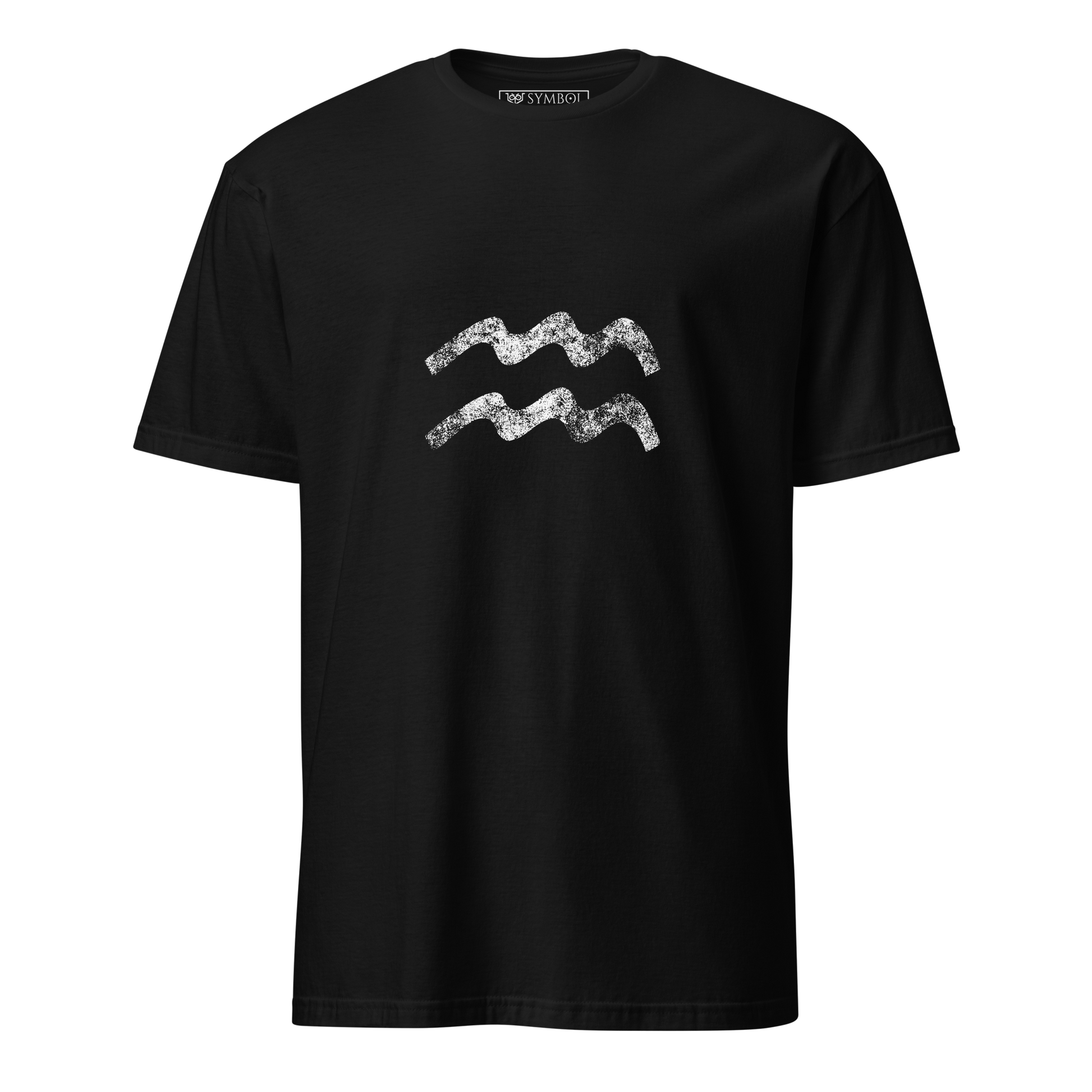 Aquarius zodiac symbol in white with a grunge effect on gothic black shirt from The Zodiac Gronge Series by Symbol Cult