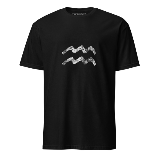 Aquarius zodiac symbol in white with a grunge effect on gothic black shirt from The Zodiac Gronge Series by Symbol Cult