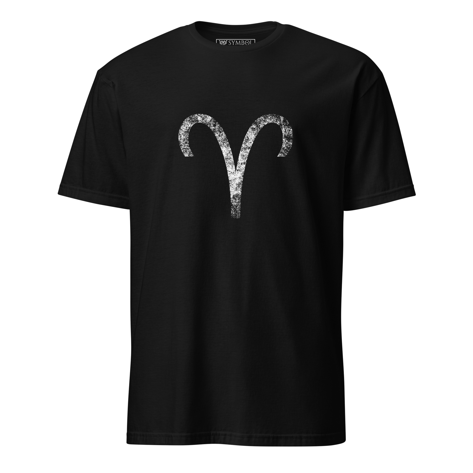 Aries zodiac symbol in white with a grunge effect on gothic black shirt from The Zodiac Gronge Series by Symbol Cult