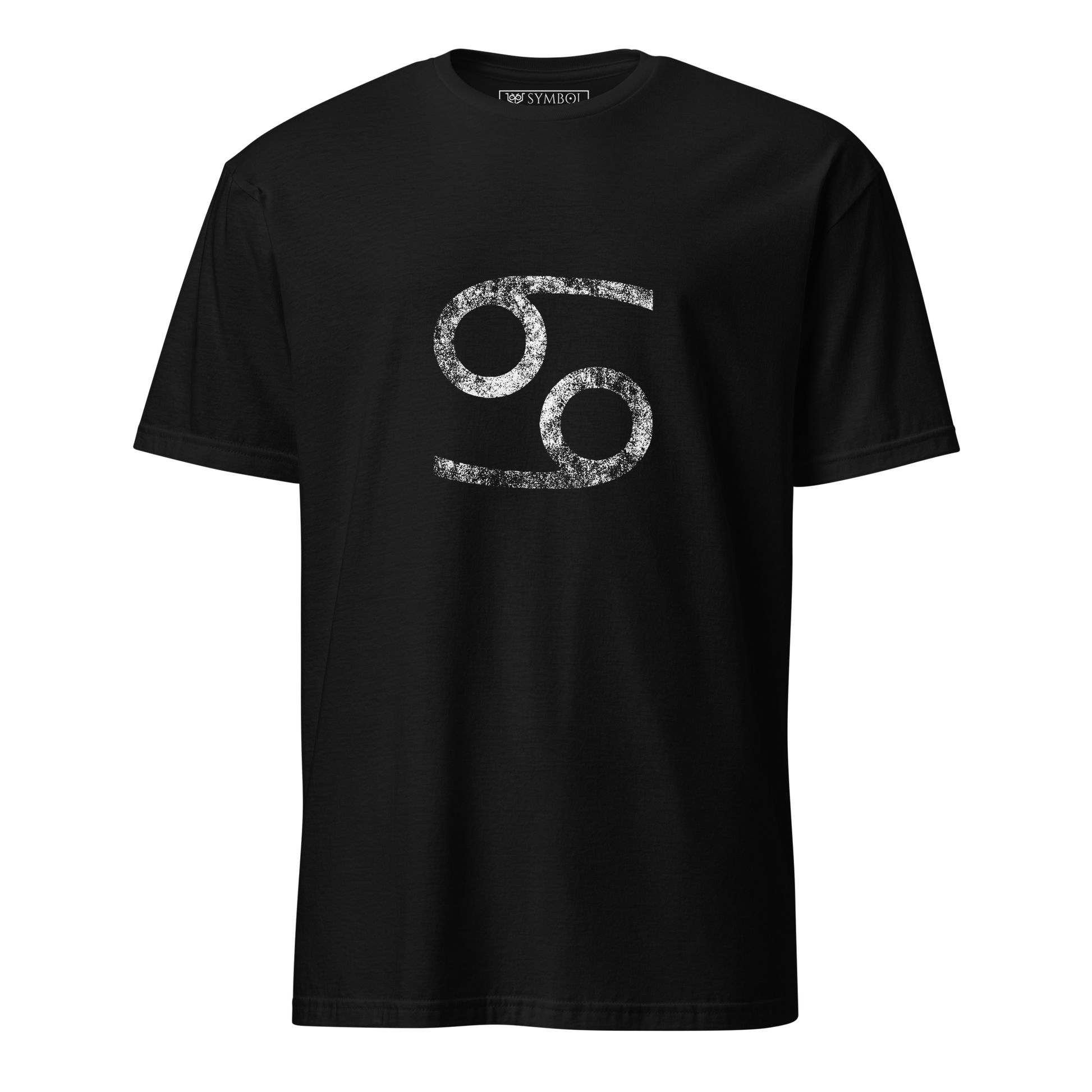 Cancer zodiac symbol in white with a grunge effect on gothic black shirt from The Zodiac Gronge Series by Symbol Cult