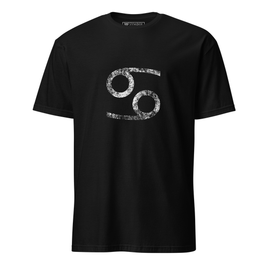Cancer zodiac symbol in white with a grunge effect on gothic black shirt from The Zodiac Gronge Series by Symbol Cult