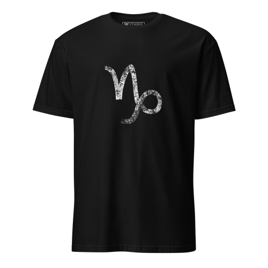 Capricorn zodiac symbol in white with a grunge effect on gothic black shirt from The Zodiac Gronge Series by Symbol Cult