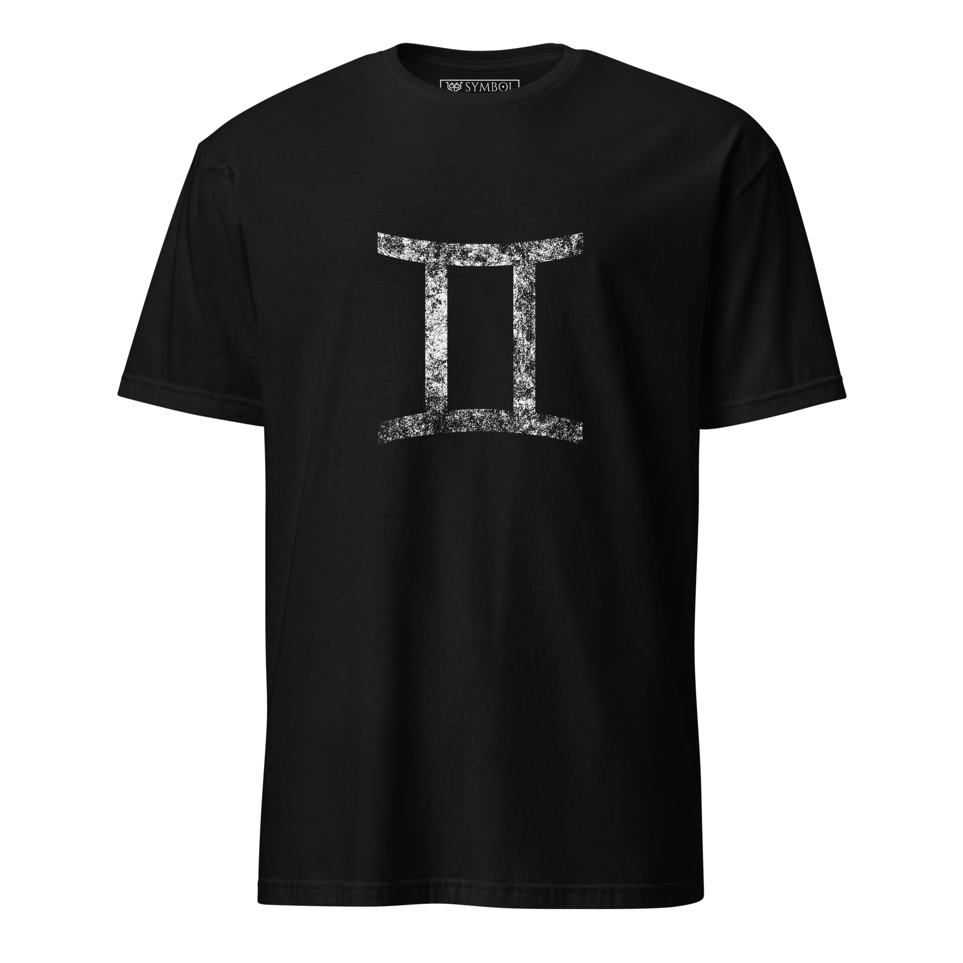 Gemini zodiac symbol in white with a grunge effect on gothic black shirt from The Zodiac Gronge Series by Symbol Cult