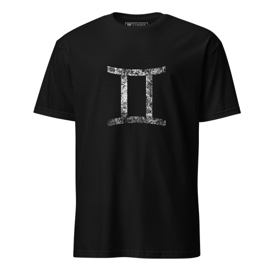 Gemini zodiac symbol in white with a grunge effect on gothic black shirt from The Zodiac Gronge Series by Symbol Cult