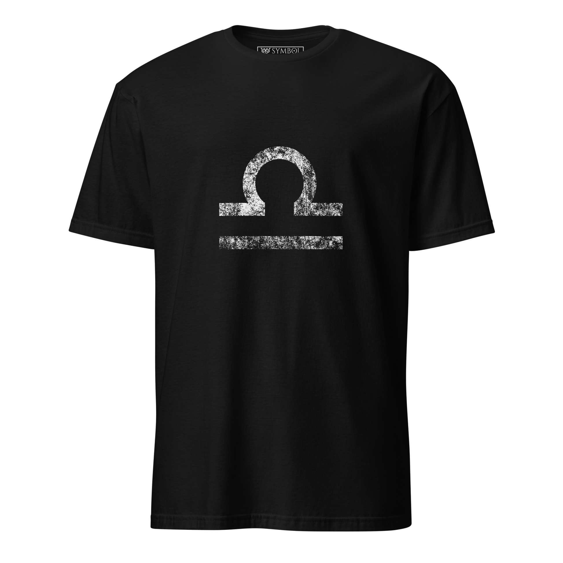 Libra zodiac symbol in white with a grunge effect on gothic black shirt from The Zodiac Gronge Series by Symbol Cult