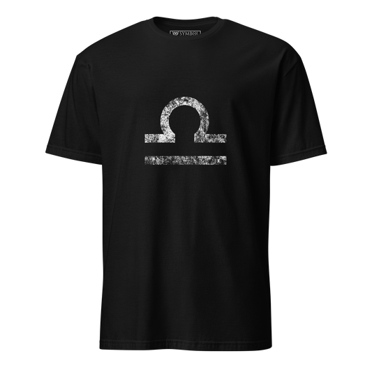 Libra zodiac symbol in white with a grunge effect on gothic black shirt from The Zodiac Gronge Series by Symbol Cult