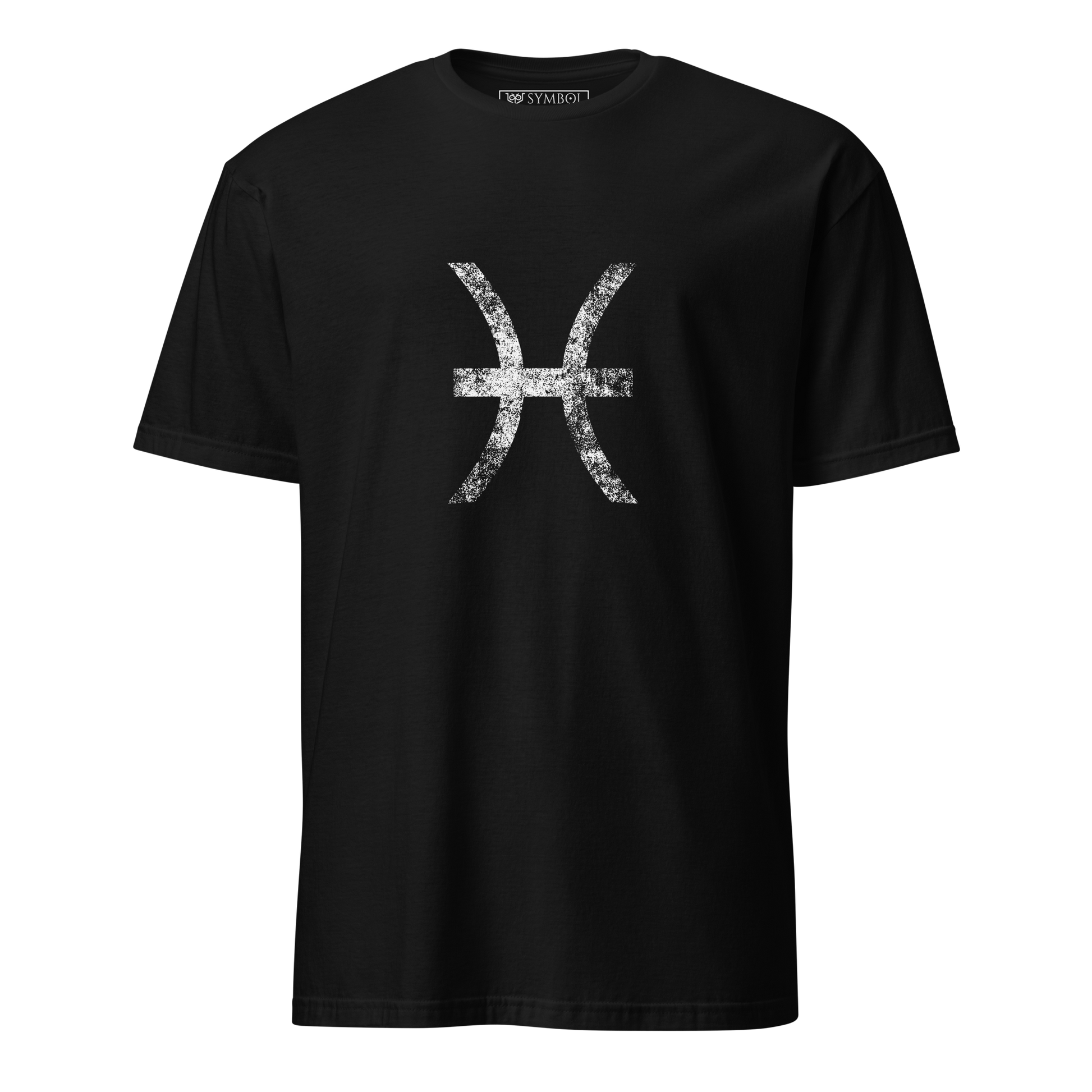 Pisces zodiac symbol in white with a grunge effect on gothic black shirt from The Zodiac Gronge Series by Symbol Cult