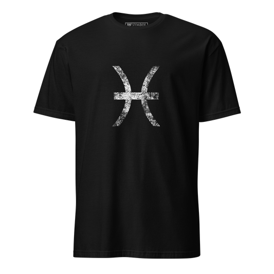 Pisces zodiac symbol in white with a grunge effect on gothic black shirt from The Zodiac Gronge Series by Symbol Cult