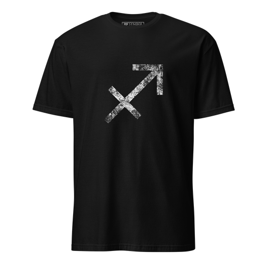 Sagittarius zodiac symbol in white with a grunge effect on gothic black shirt from The Zodiac Gronge Series by Symbol Cult