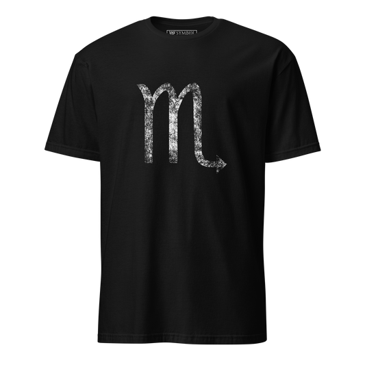 Scorpio zodiac symbol in white with a grunge effect on gothic black shirt from The Zodiac Gronge Series by Symbol Cult