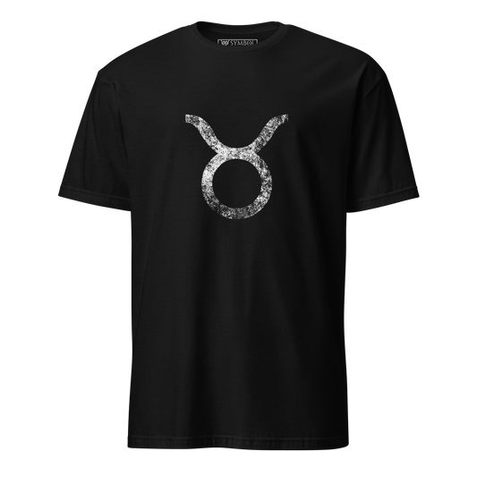 Taurus zodiac symbol in white with a grunge effect on gothic black shirt from The Zodiac Gronge Series by Symbol Cult