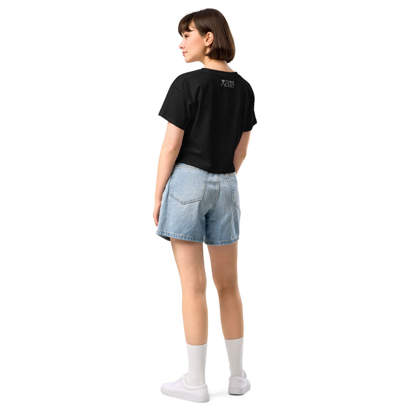 Reverse of the croptop show the SymbolCult logo toward the nape or collar area on the back of the shirt