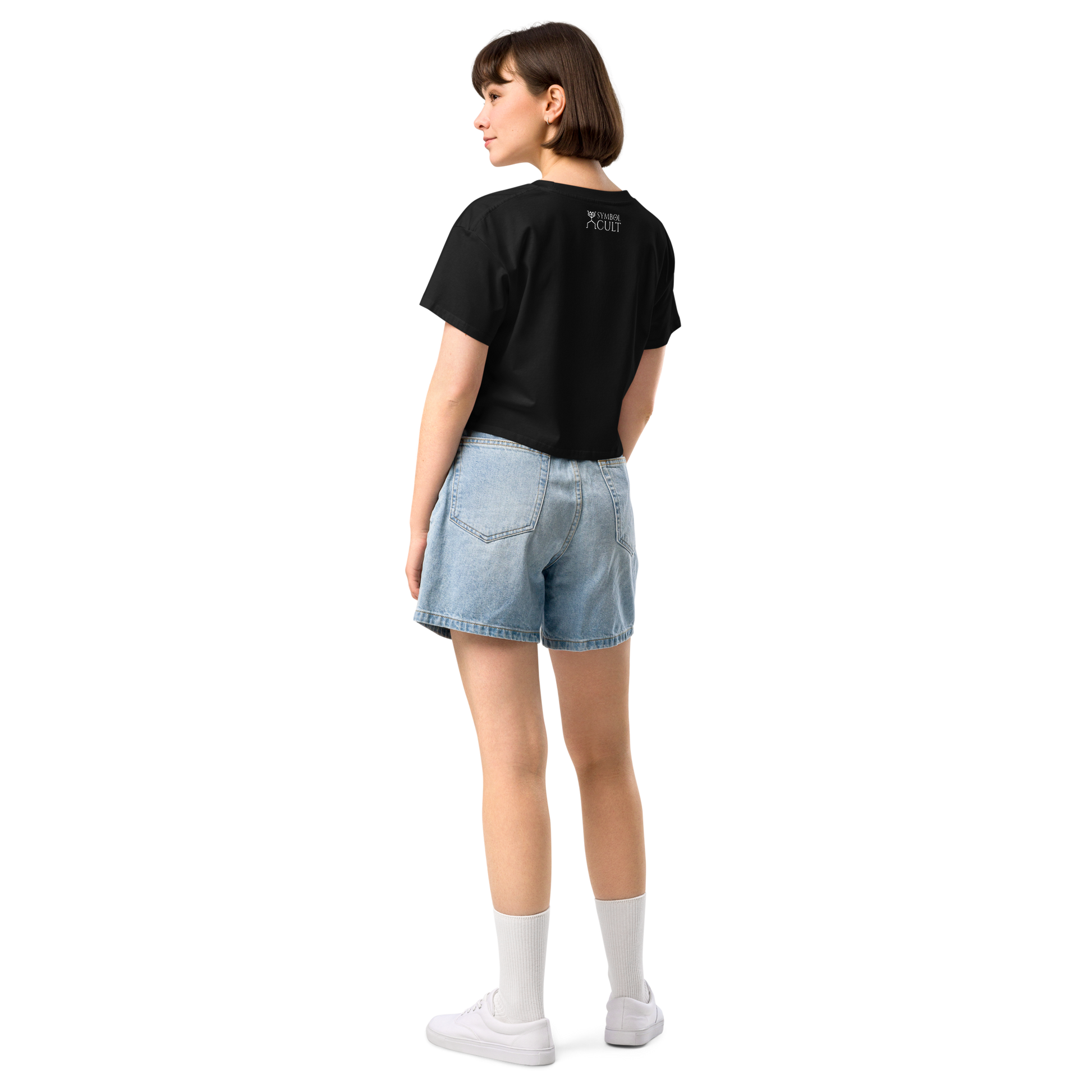 Reverse of the croptop show the SymbolCult logo toward the nape or collar area on the back of the shirt